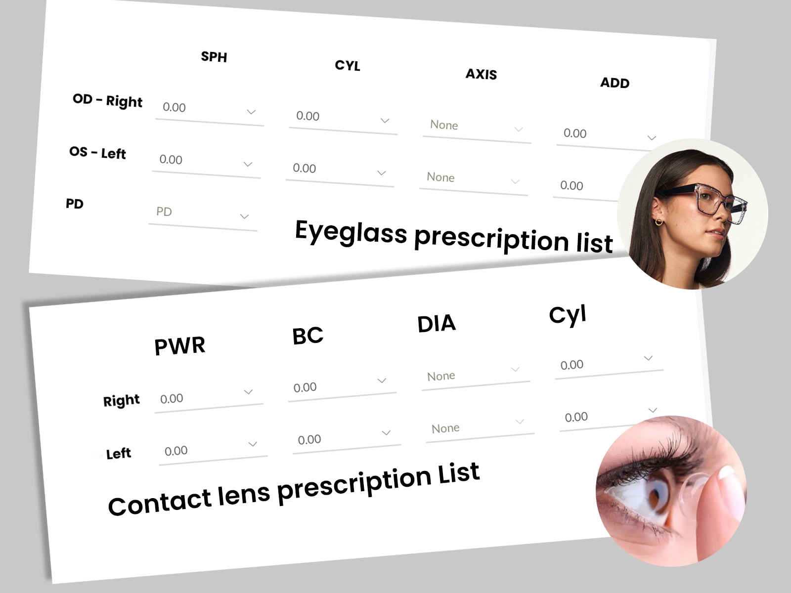 A side-by-side comparison of an eyeglass prescription form and a contact lens prescription form, illustrating their key differences. The eyeglass prescription includes fields like SPH, CYL, AXIS, and PD, while the contact lens form has fields for PWR, BC, and DIA, demonstrating why the two are not interchangeable.
