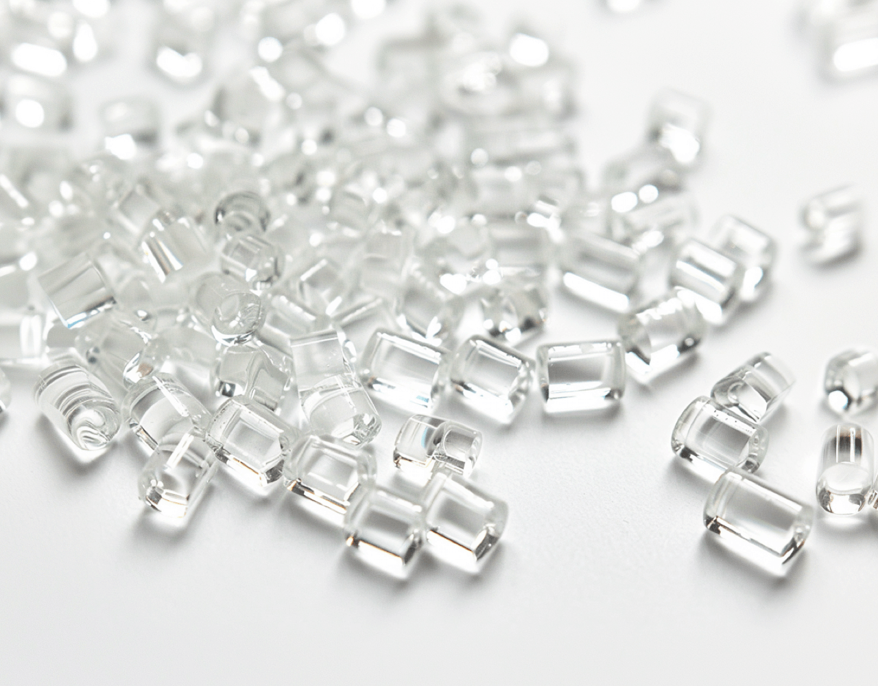 Raw Materials: A close-up view of clear, biodegradable cellulose acetate pellets, the raw material derived from nature used in crafting eco-friendly eyeglass frames.