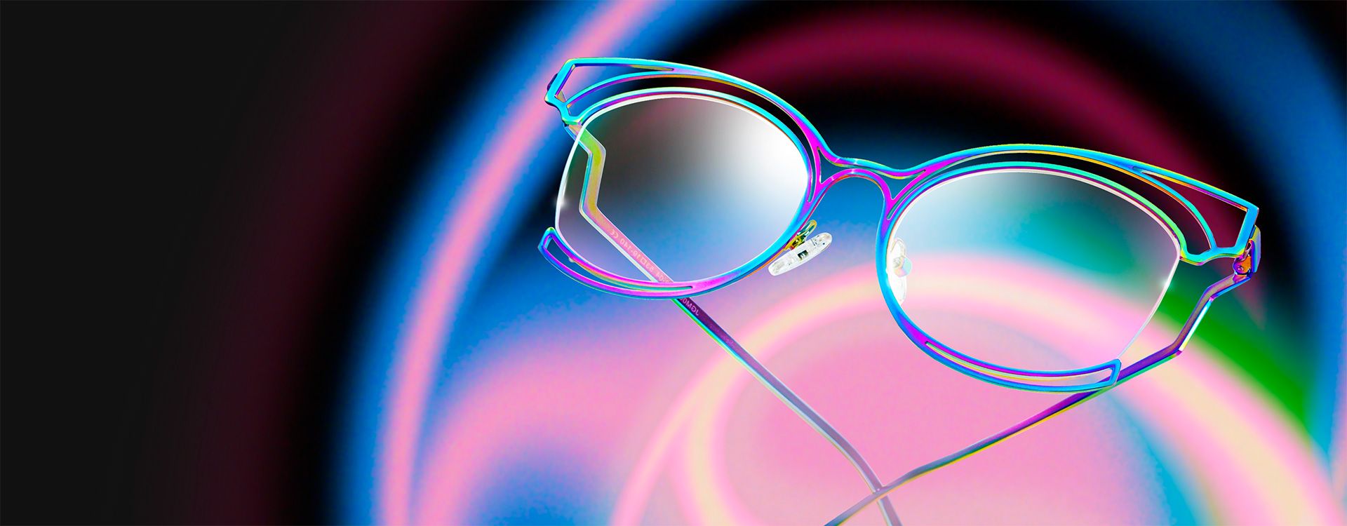 Acidwave style glasses with vibrant, colorful outlines and reflections, set against a dynamic, glowing background.