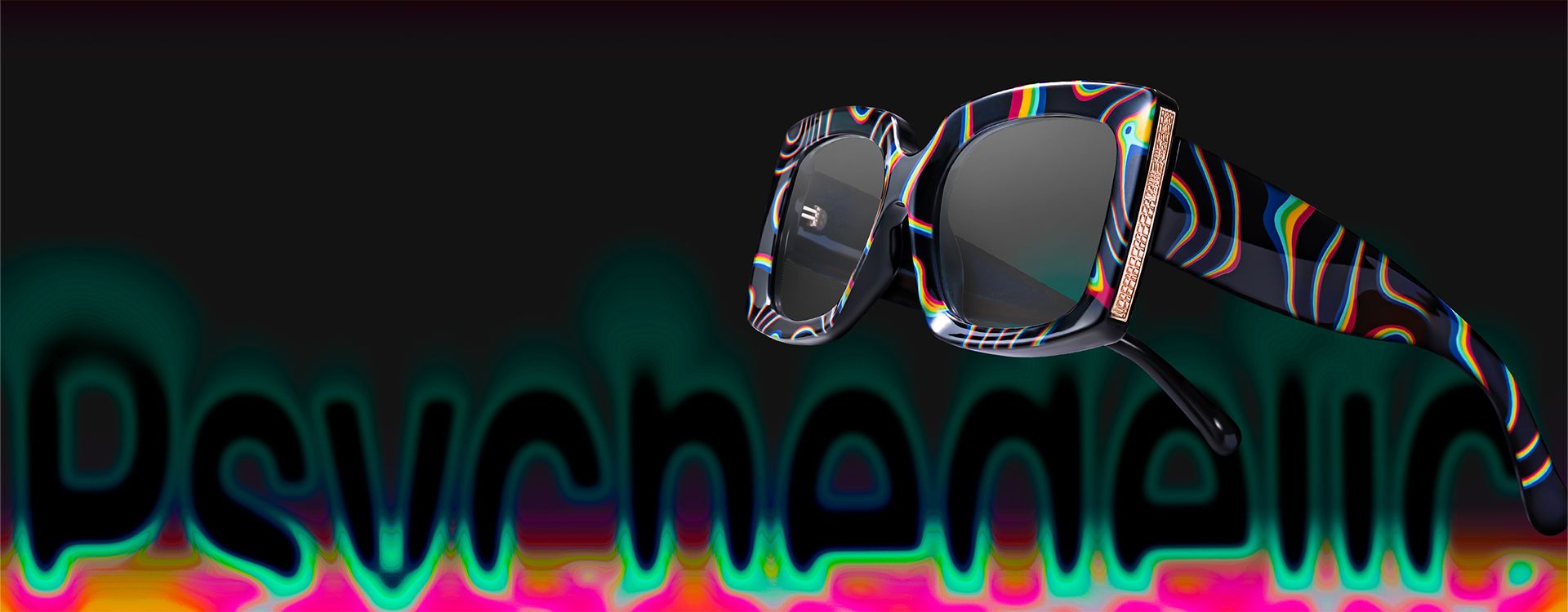 A model with long hair wearing funky glasses, set against a colorful gradient backdrop, showcasing a psychedelic style.