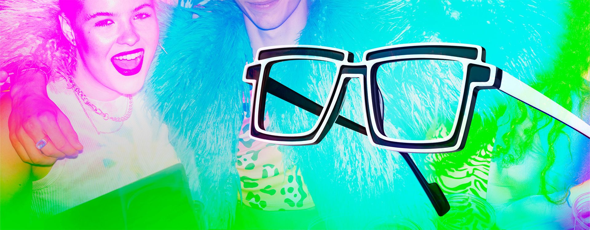 Rave-inspired glasses with vibrant, neon colors and geometric patterns, set against a pulsating, energetic background.