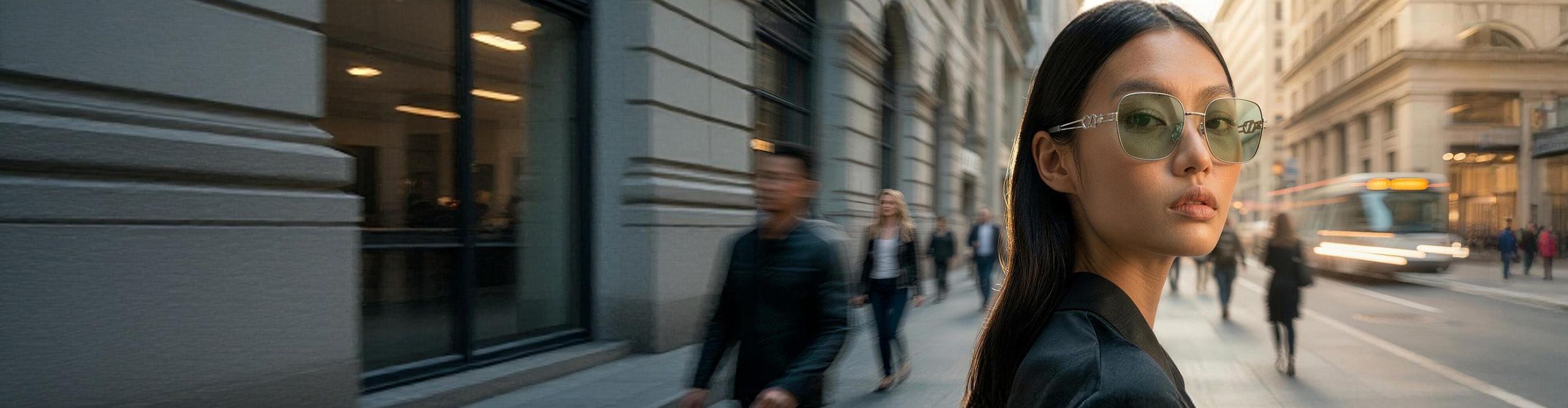 Two beautiful young women wear stylish photo-gradient sunglasses, both in a retro cat-eye shape.