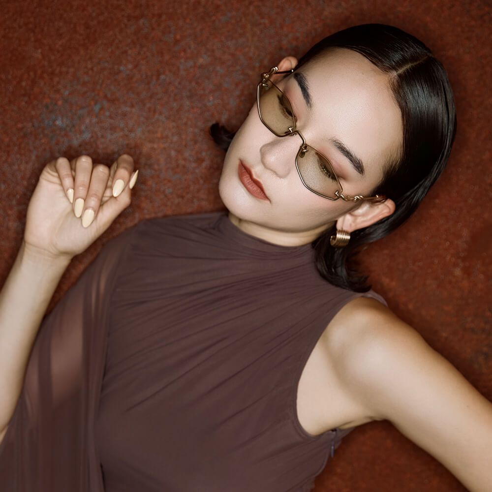 Mona Matsuoka wearing the Collision Niseko - Matte Brushed Gold Geometric Glasses | Vooglam Limited Designer Eyewear