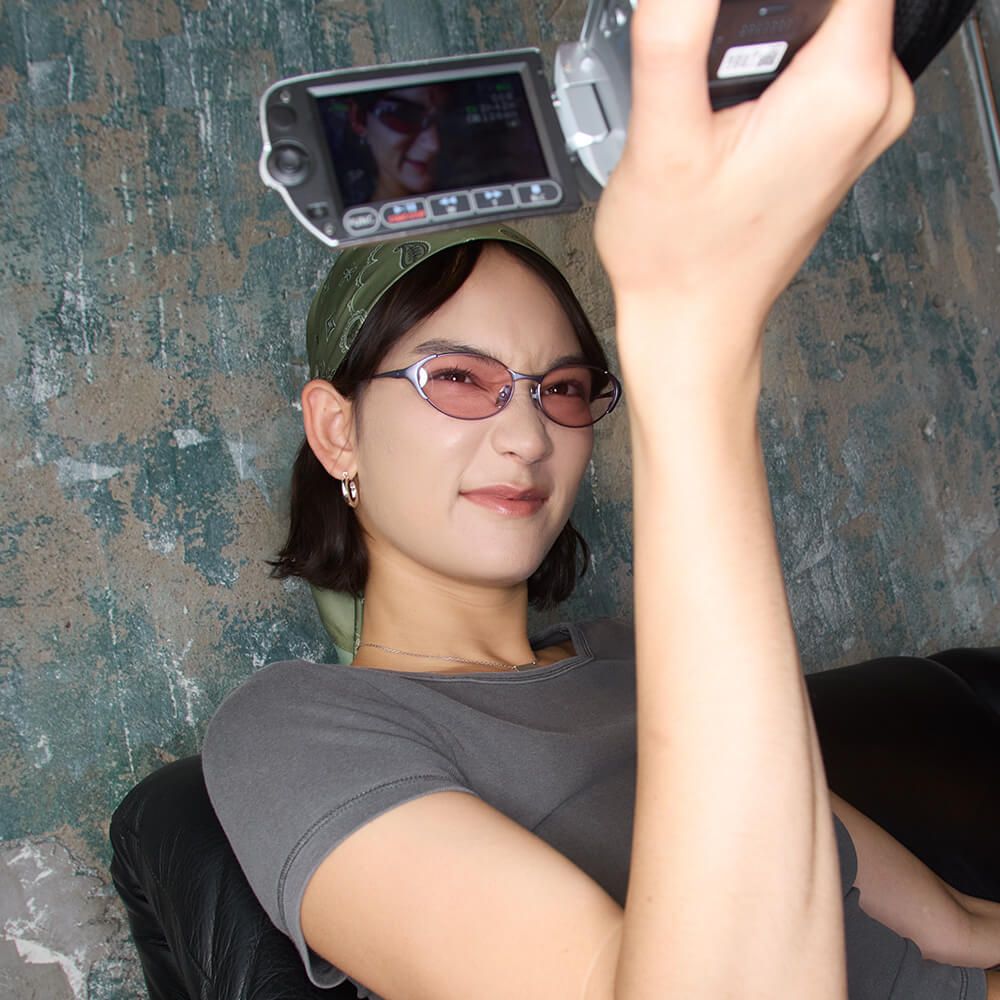 Mona Matsuoka wearing the Collision Ebisu - Purple Metal Rimmed Oval Glasses | Vooglam Limited Designer Eyewear
