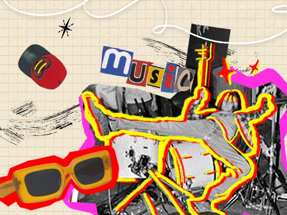 An abstract music-themed collage on grid paper, featuring the word 'Music' in cut-out letters, chunky yellow sunglasses, a brightly outlined figure, abstract black scribbles, and other retro graphic elements.