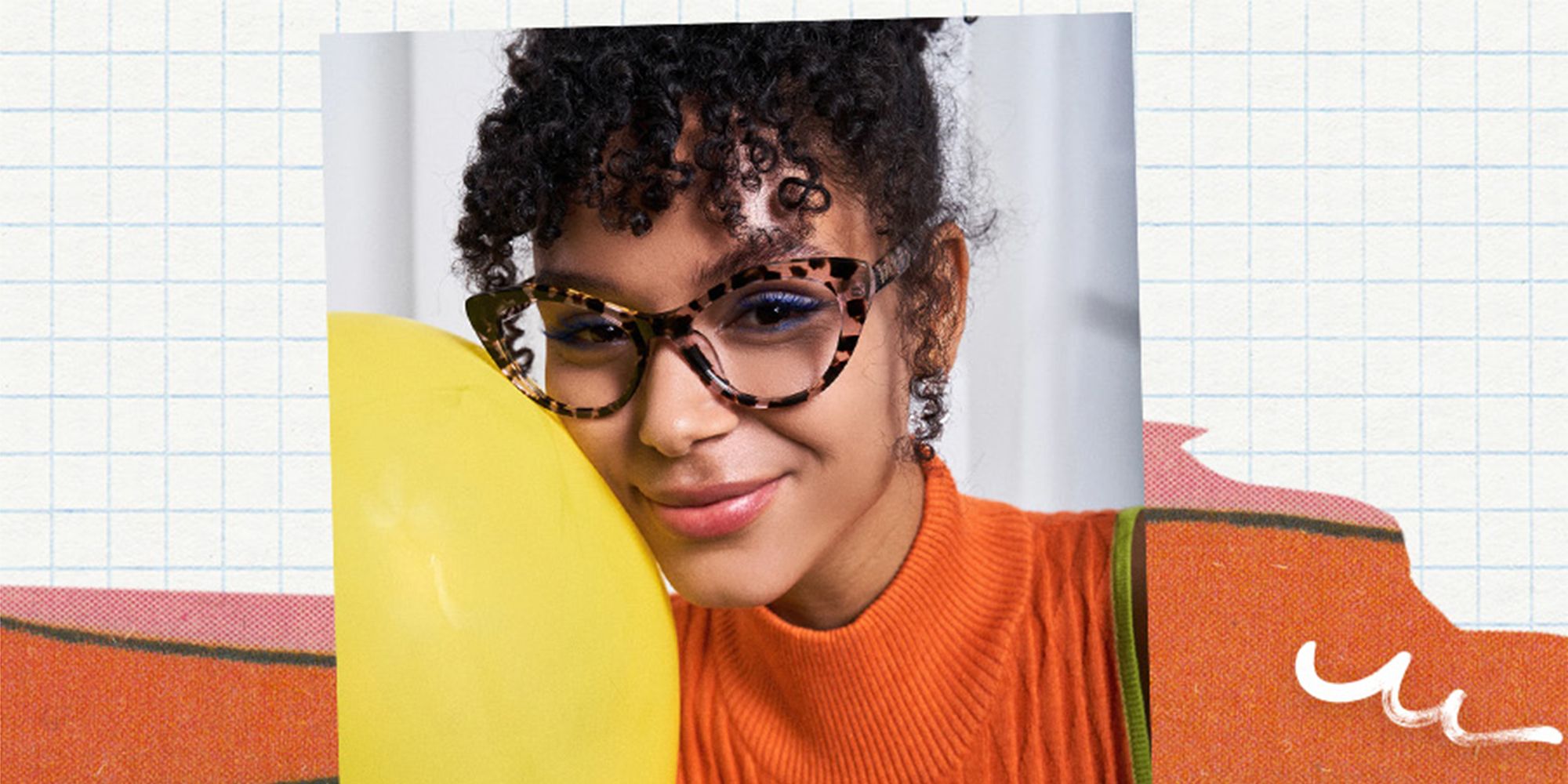 Model shot of a smiling woman with curly hair wearing tortoiseshell cat-eye glasses, resting her cheek on a yellow object against a collage background.