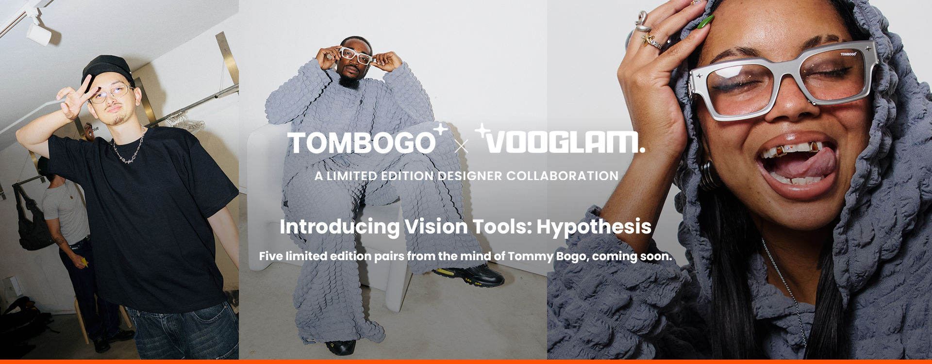 Models wearing typical experimental glasses from the Vooglam X Tombogo glasses collaboration 2025