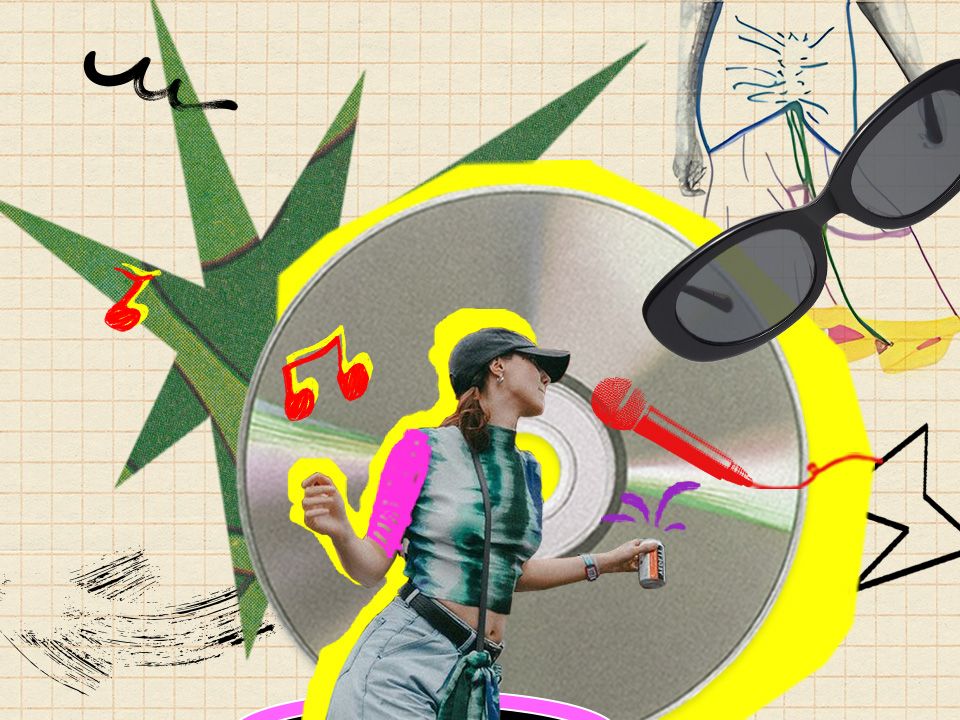 An abstract music-themed collage on grid paper, featuring the word 'Music' in cut-out letters, chunky yellow sunglasses, a brightly outlined figure, abstract black scribbles, and other retro graphic elements.