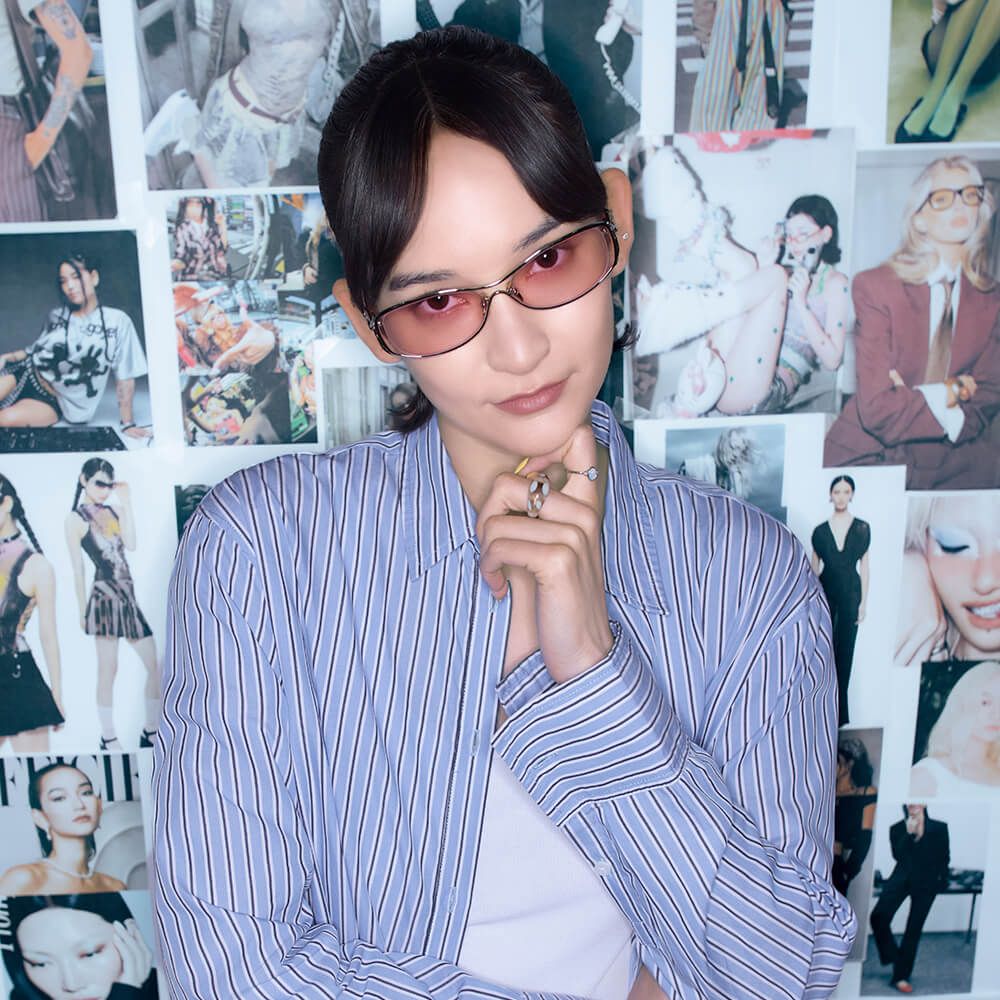 Mona Matsuoka wearing the Collision Okinawa - Silver Metal Double Wave Temple Glasses | Vooglam Limited Designer Eyewear