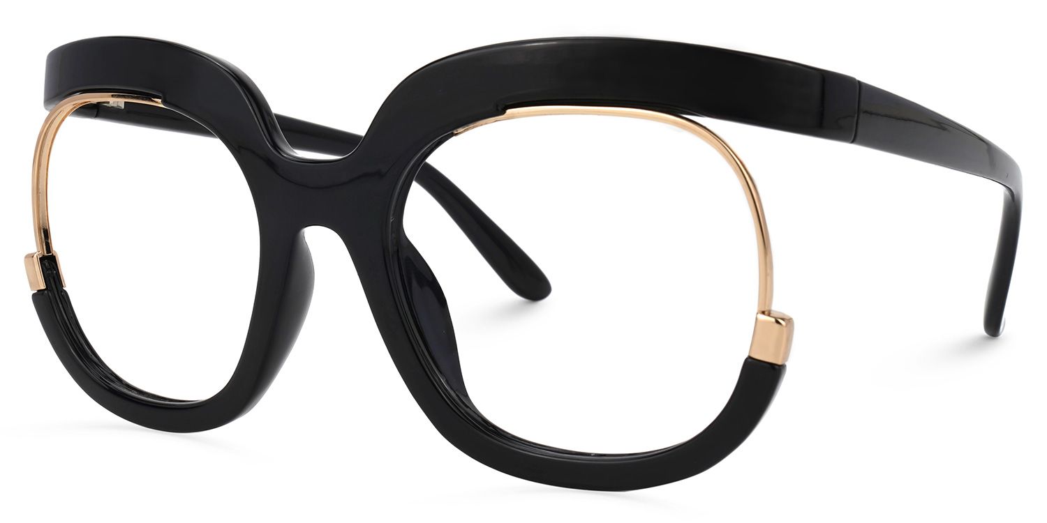 Fredia - Bold Black Glasses with Gold Accents | Vooglam Front View
