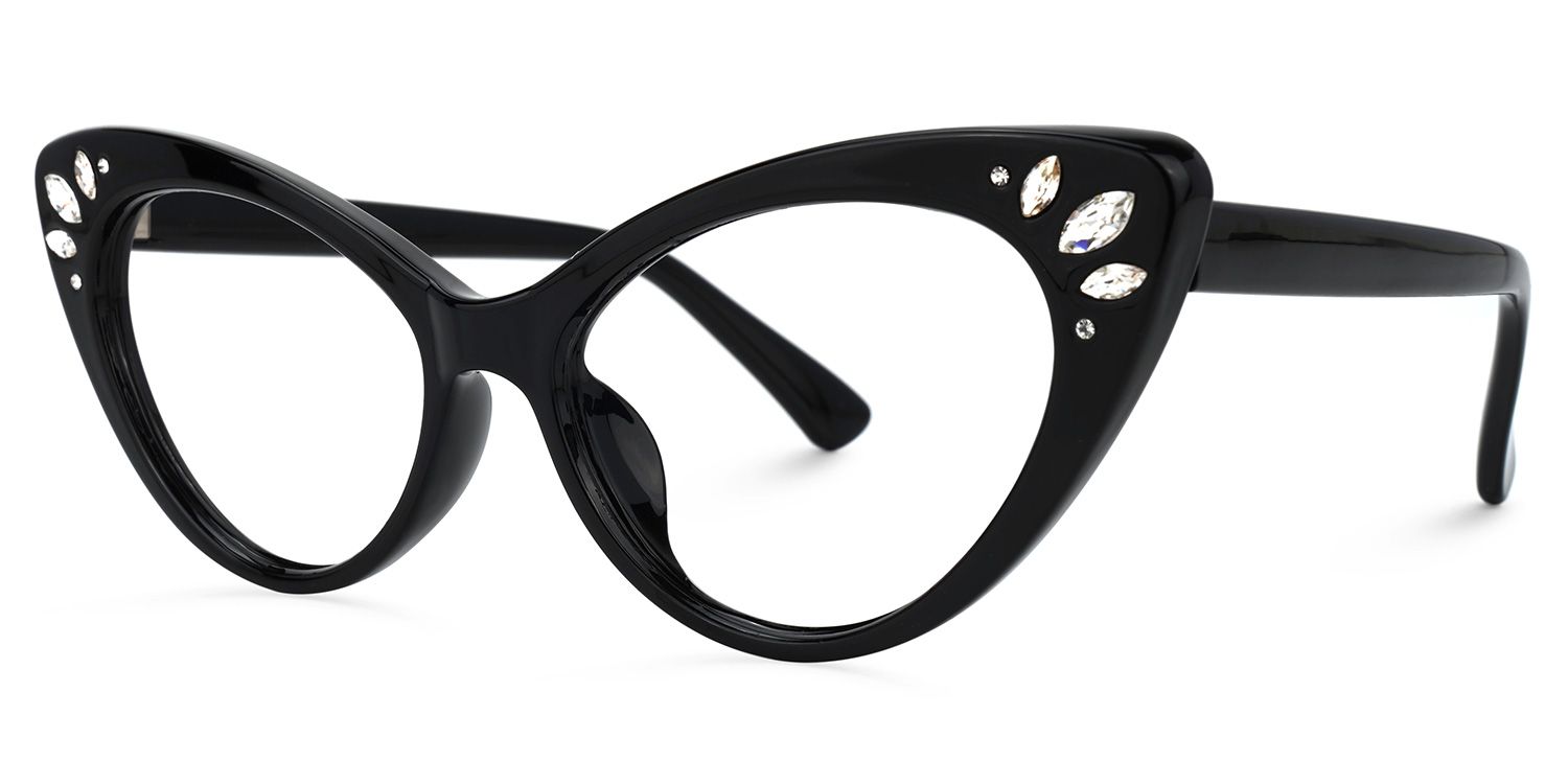 Emmie - Black Rhinestone Designed Cat Eye Glasses | Vooglam Front View