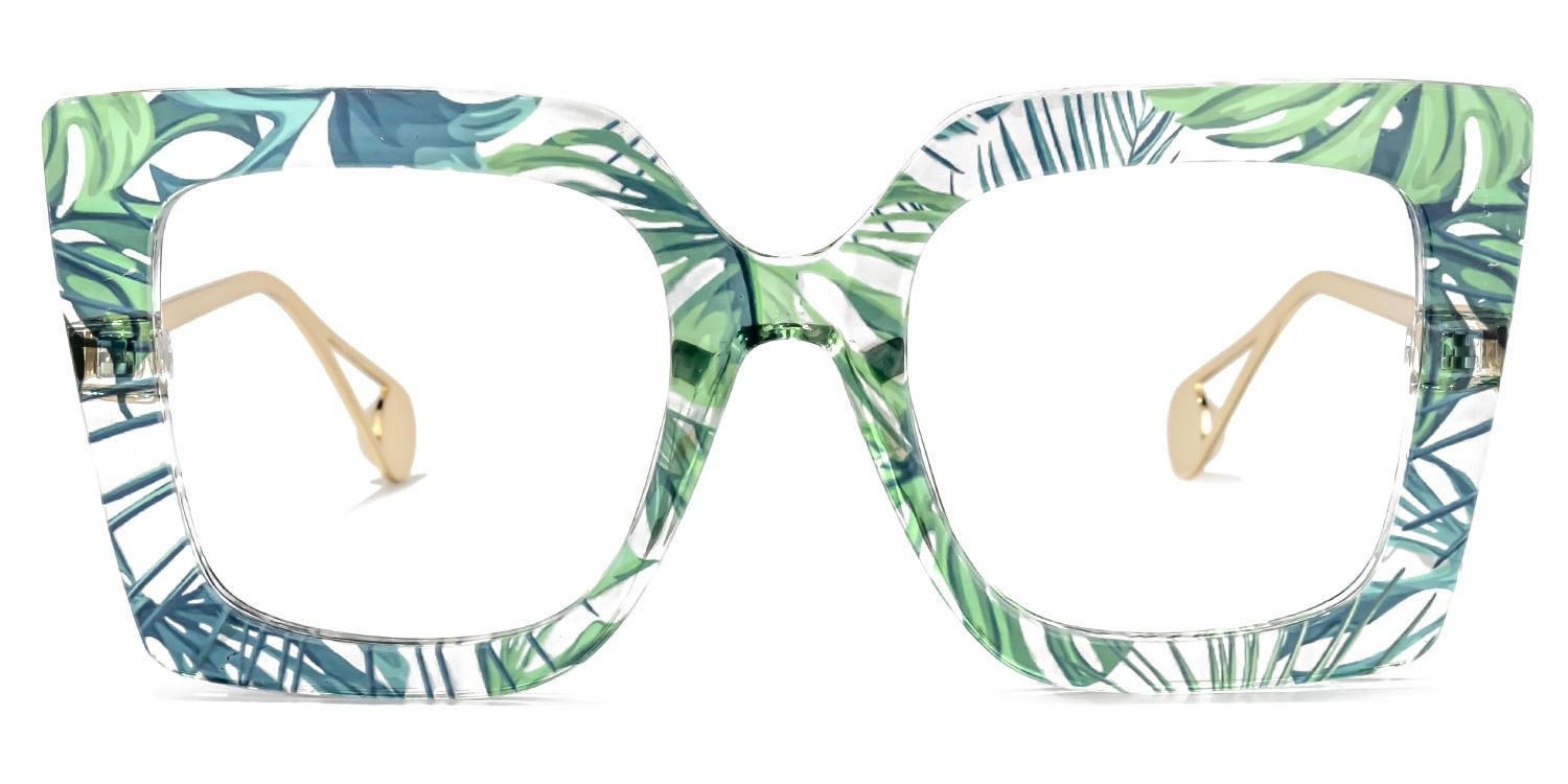Square Green Floral Eyeglasses by Vooglam.com - Angle View