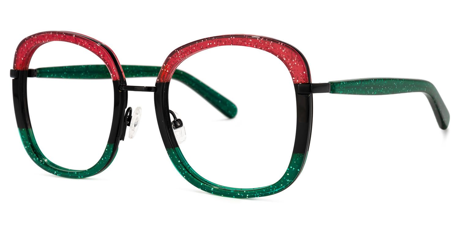 Square Green/Red Eyeglasses | Vooglam.com Front View