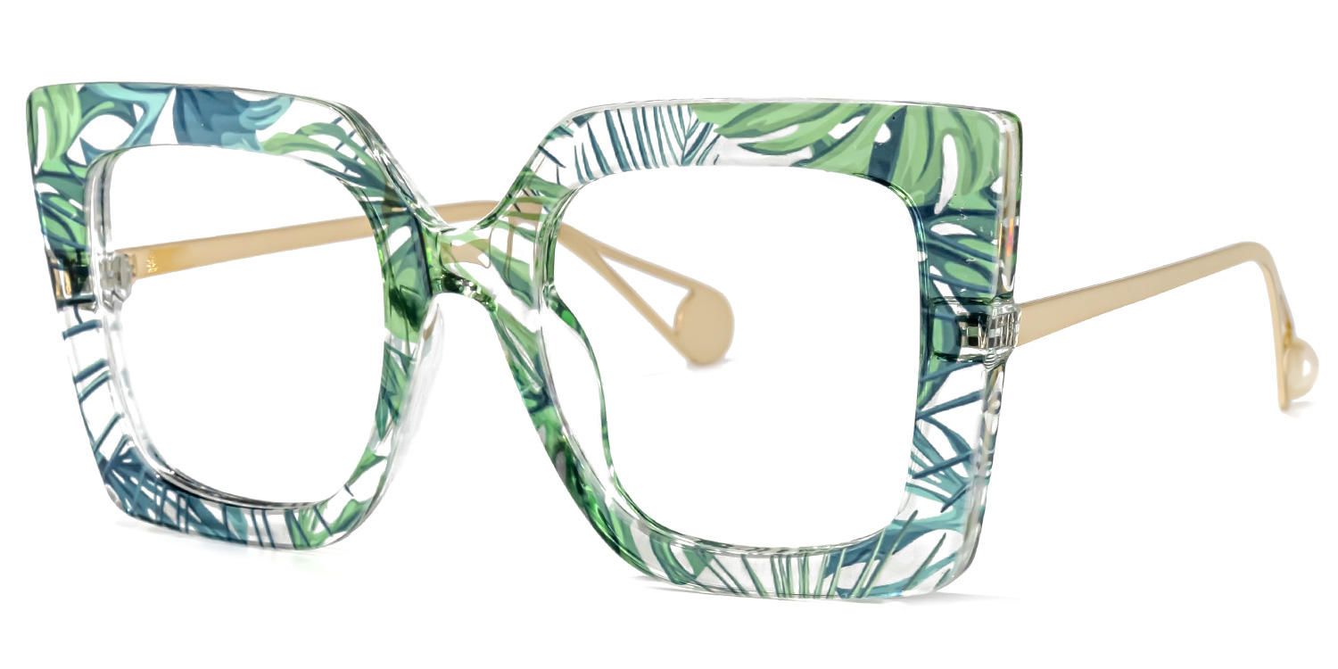 Square Green Floral Eyeglasses by Vooglam.com - Front View