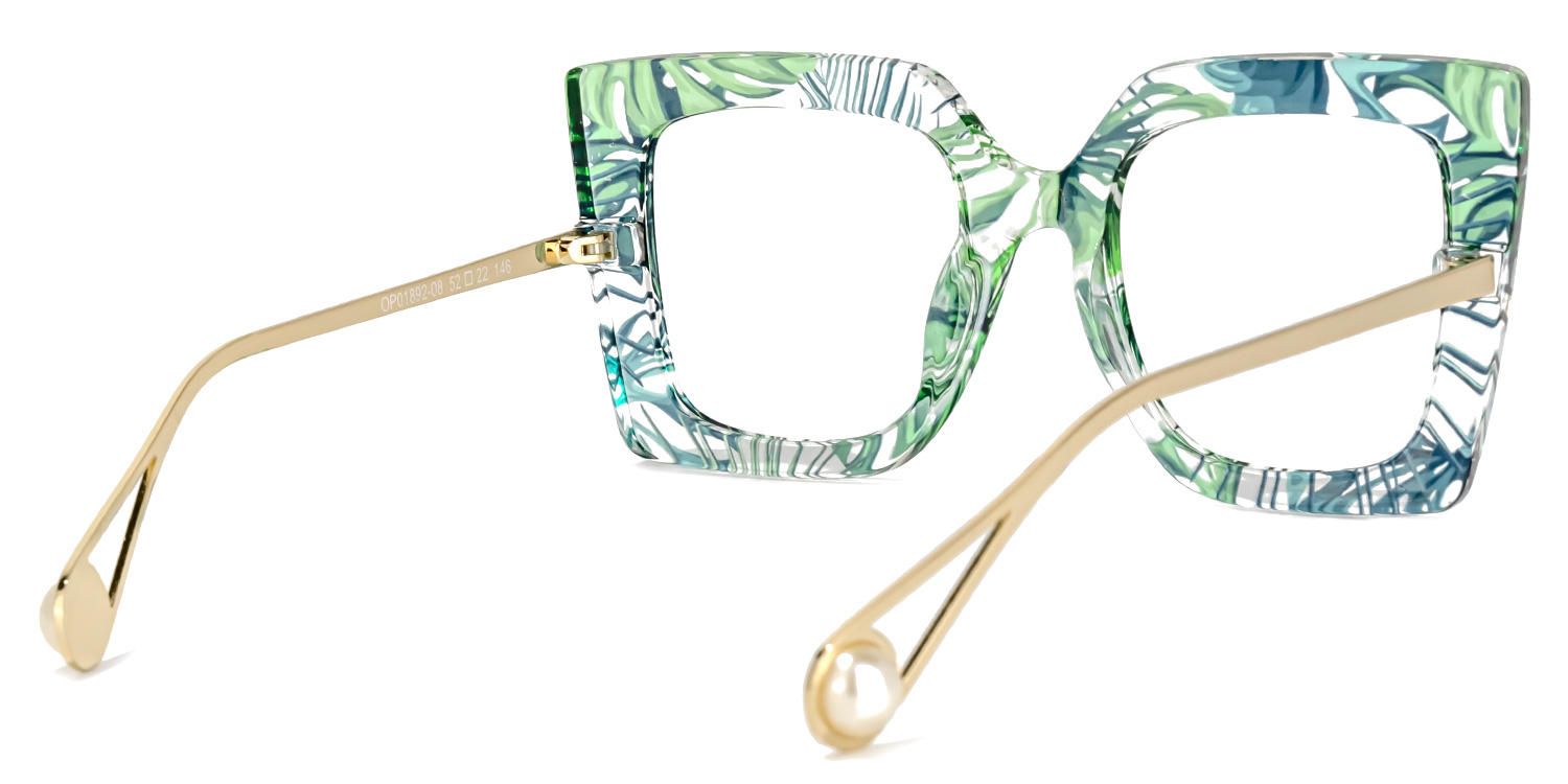 Square Green Floral Eyeglasses by Vooglam.com - Side View