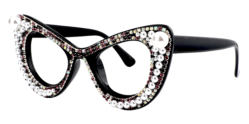 April - Glitter Black Cat Eye Glasses | Vooglam Front View