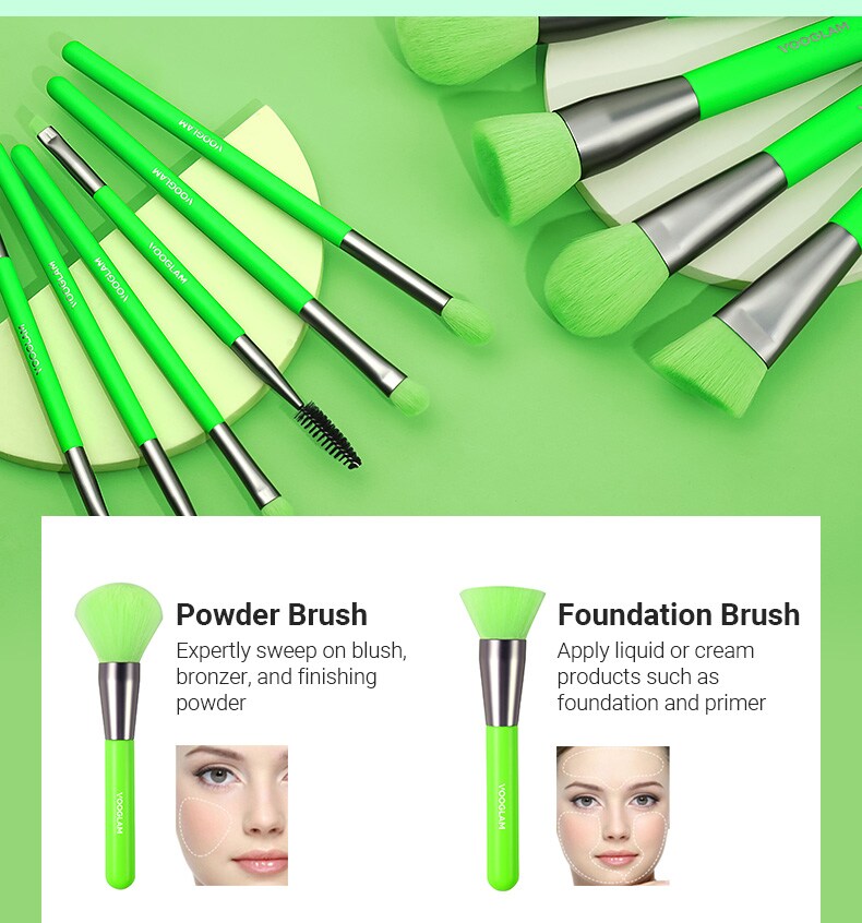 10pcs Green Makeup Brush Set Cosmetics Brushes Powder Eyeshadow Makeup