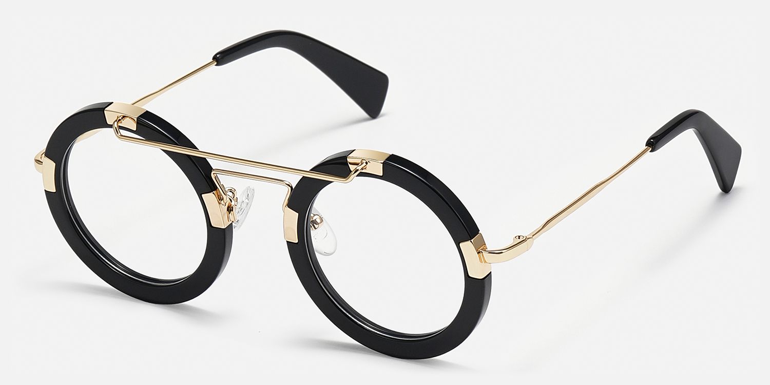 Perkins - Bold Round Black & Gold Retro Glasses | Vooglam Front View