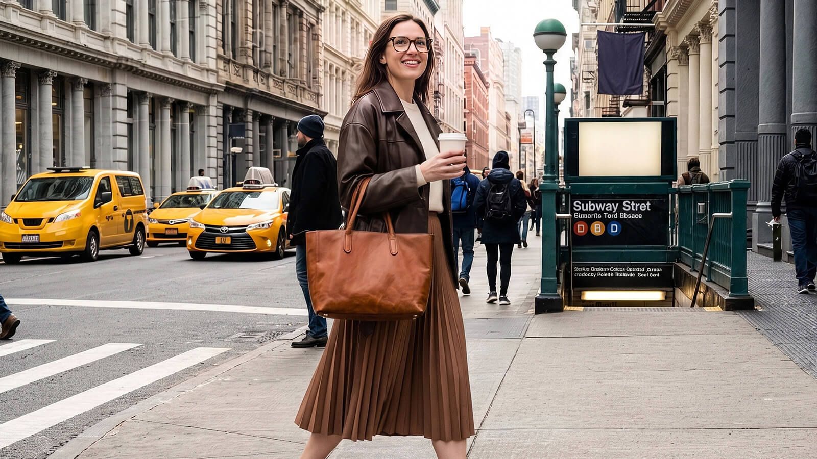 red hagomany coat and muted clay shirts inside as autumn outfit with brown tortoise glasses