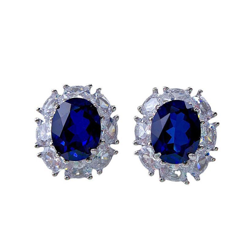 Contemporary Sapphire Blue Oval Pierced Earrings | Vooglam Front View