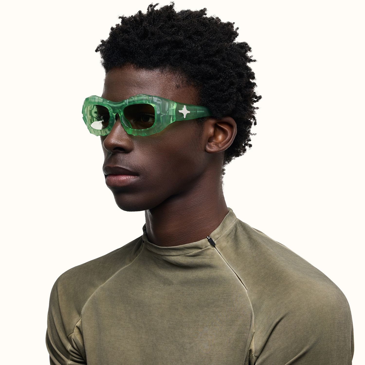 The Geologist - Green Tint Transparent Sunglasses | Vooglam On Model 4