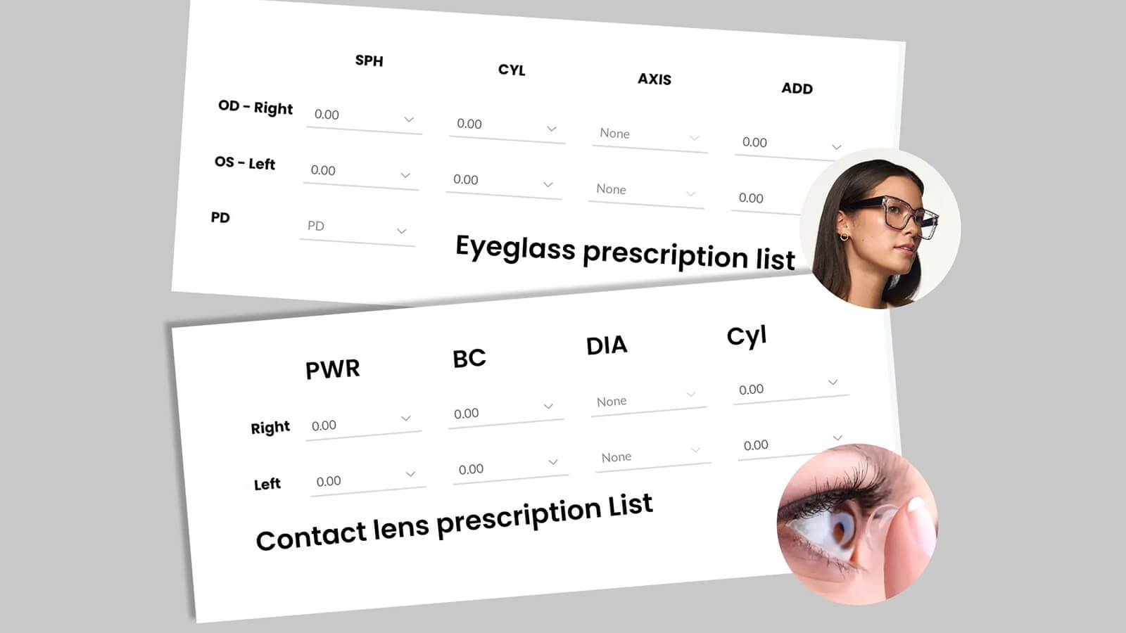 A side-by-side comparison of an eyeglass prescription form and a contact lens prescription form, illustrating their key differences. The eyeglass prescription includes fields like SPH, CYL, AXIS, and PD, while the contact lens form has fields for PWR, BC, and DIA, demonstrating why the two are not interchangeable.