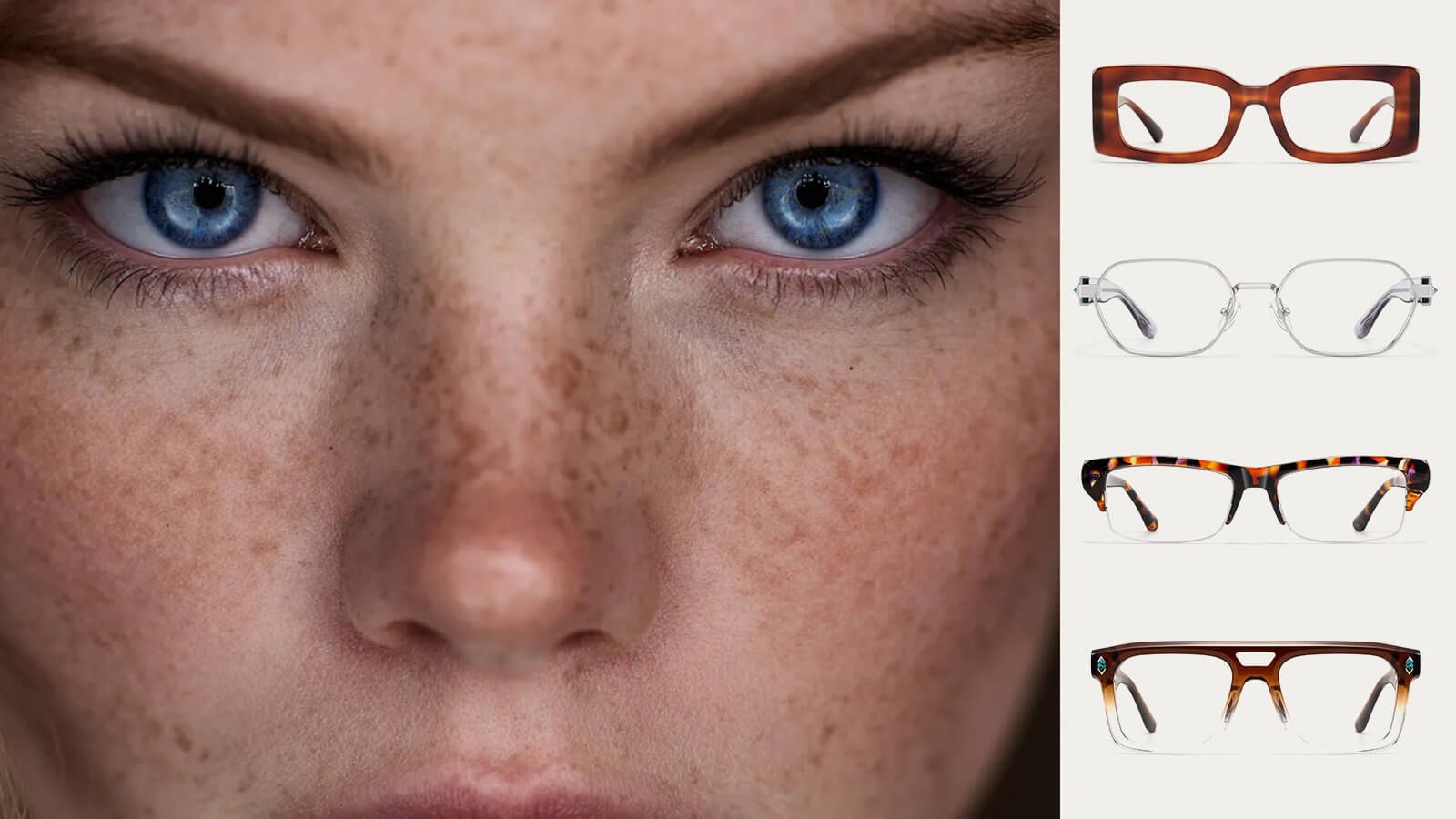 vooglam best frame color for blue eyes guide showing a close-up of blue eyes next to tortoiseshell, clear, half-rim tortoiseshell, and brown aviator glasses