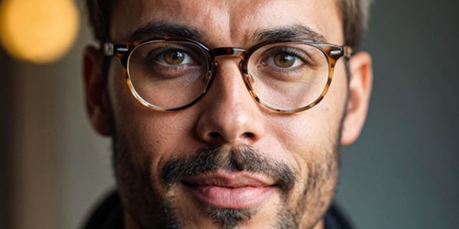 A mature and charming man wears tortoise-shell glasses