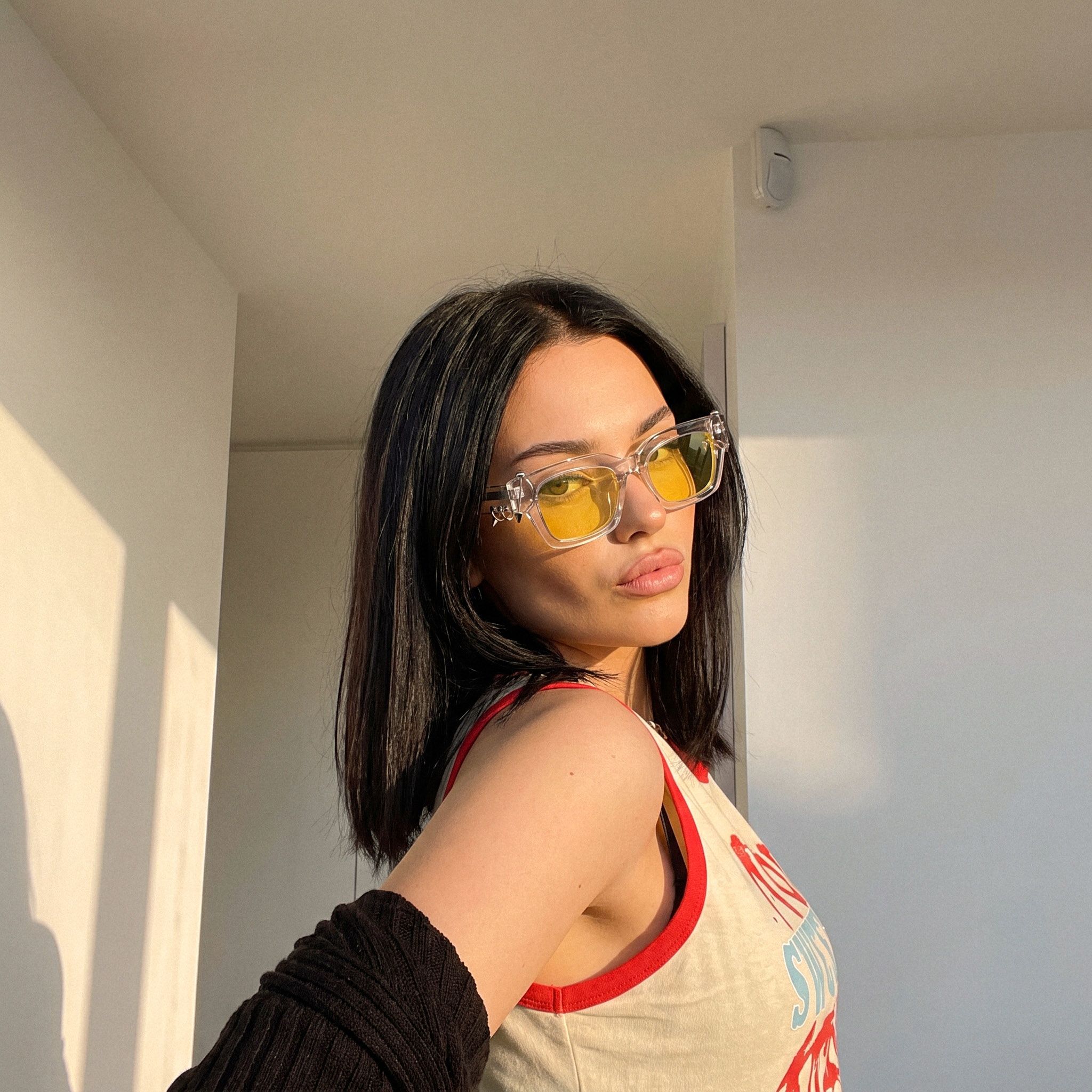 Vooglam Street Style in Real Life: Sabrina - Clear Pierced Yellow Tint Sunglasses by Vooglam