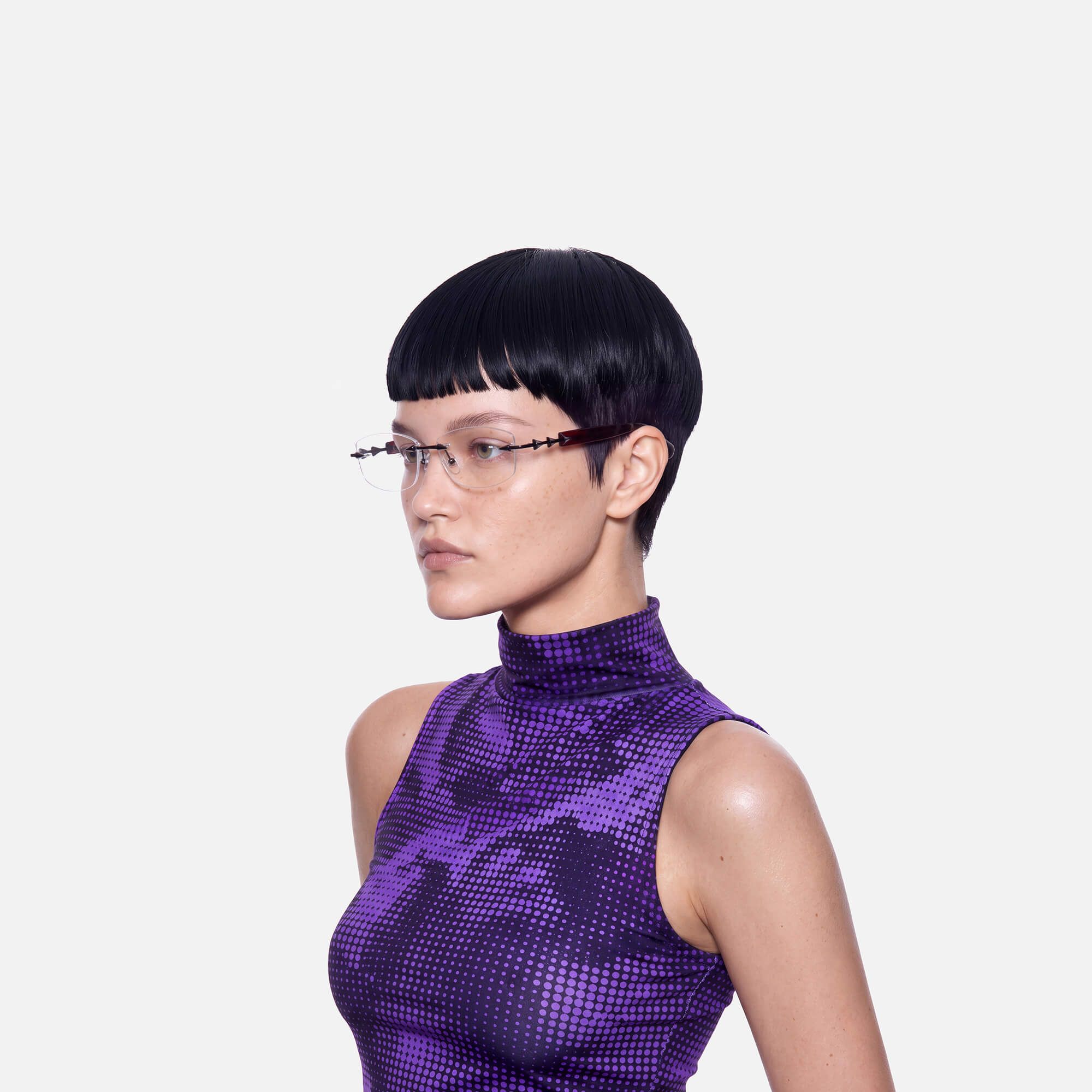 Fracture - Black & Red Rimless Spike Glasses by Vooglam - Side View On Model