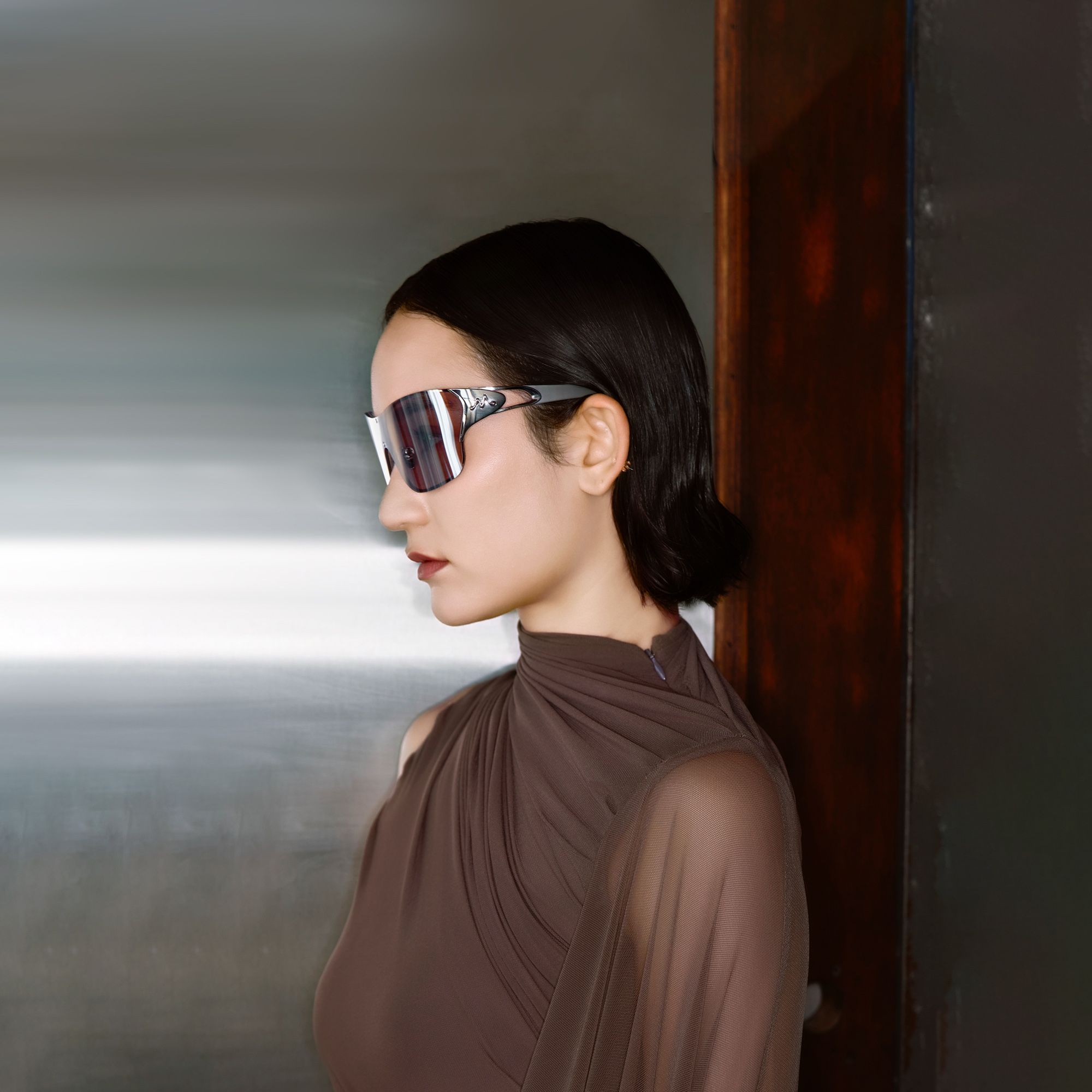 Suzuka - Black Shield Shades with Graident Tint | Vooglam On Model 1