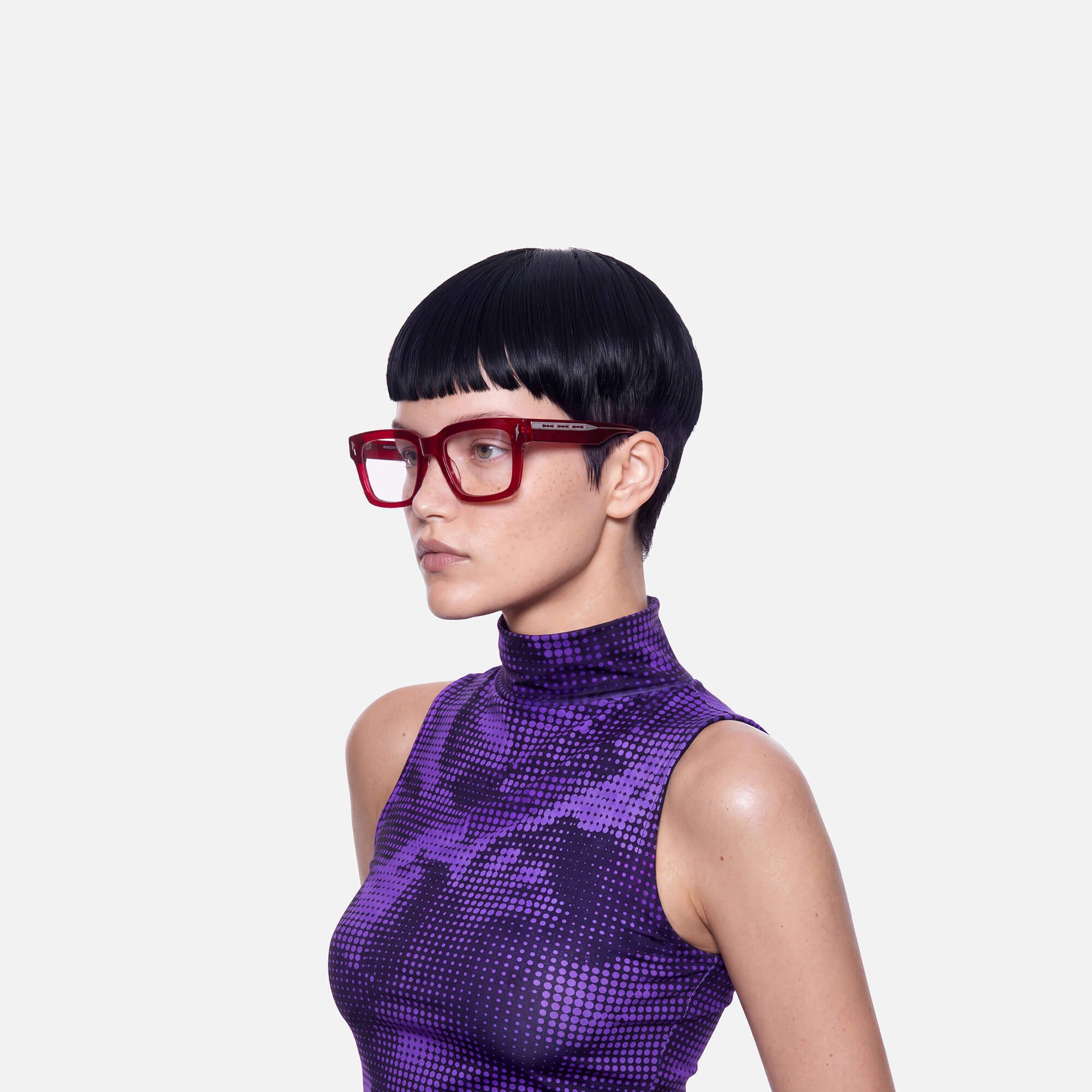 Razor - Transparent Red Razor Blade Glasses by Vooglam - Side View On Model