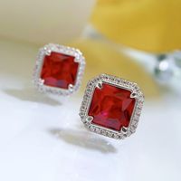 Classic Ruby Red Square Pierced Earrings | Vooglam On Model 2