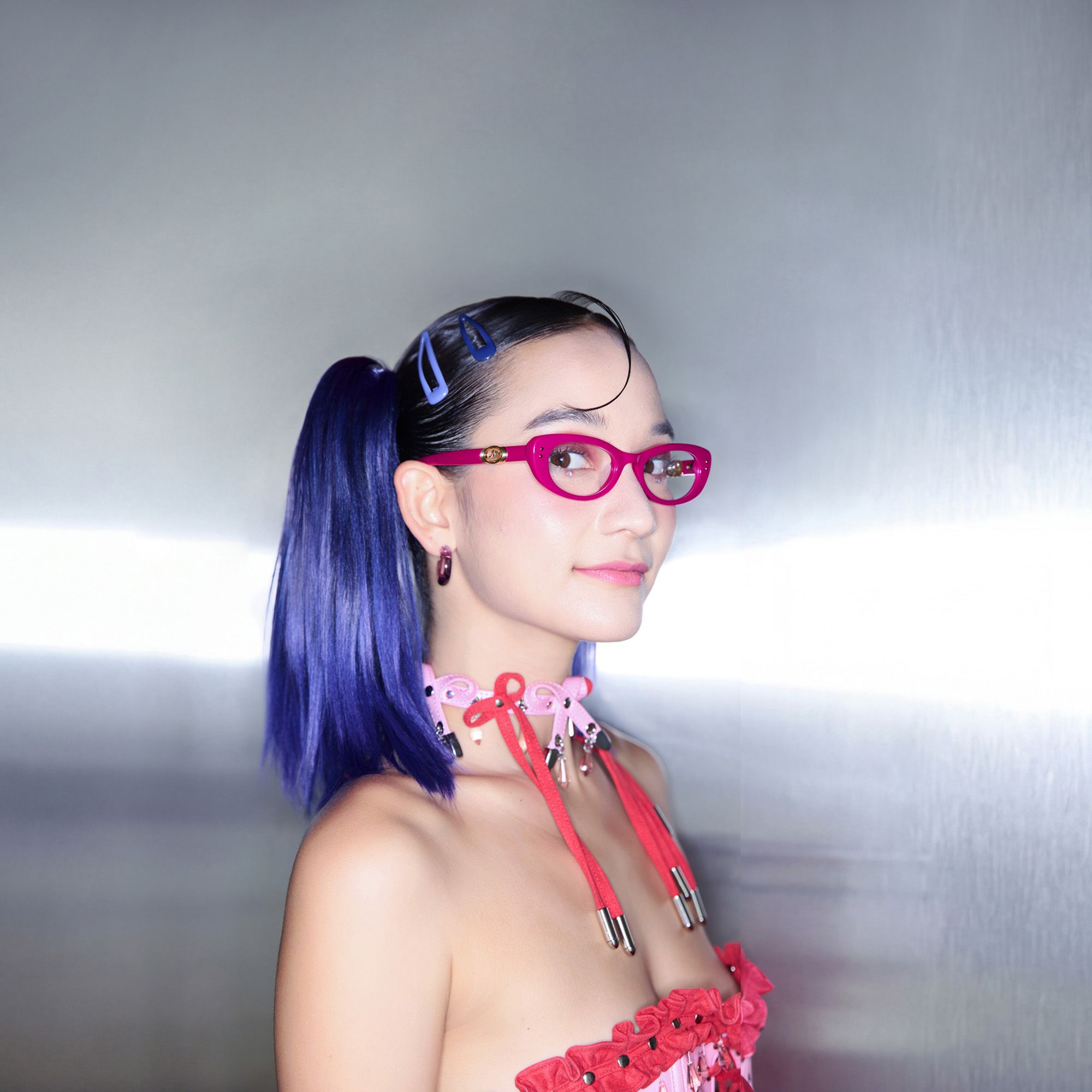 Ginza - Magenta Acetate Y2K Narrow Cat Eye Glasses | Vooglam On Model 2