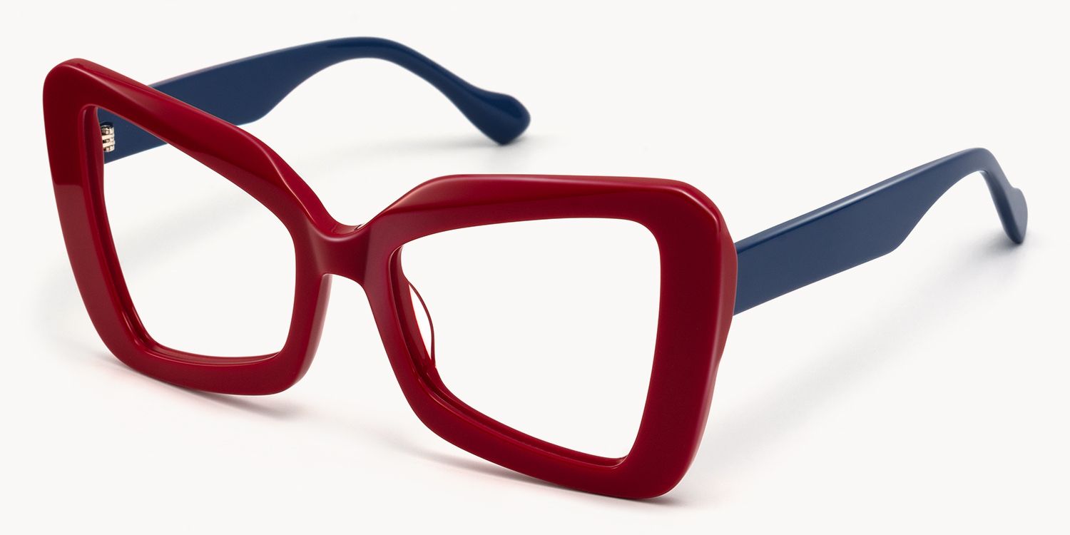 Mandi - Bold Butterfly Red Eyeglasses Blue Arms | Vooglam Front View