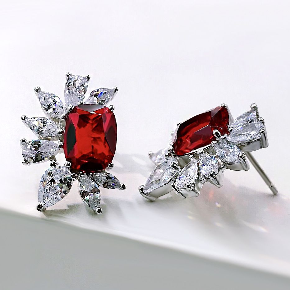 Creative Ruby Red Rectangle Pierced Earrings | Vooglam On Model 2