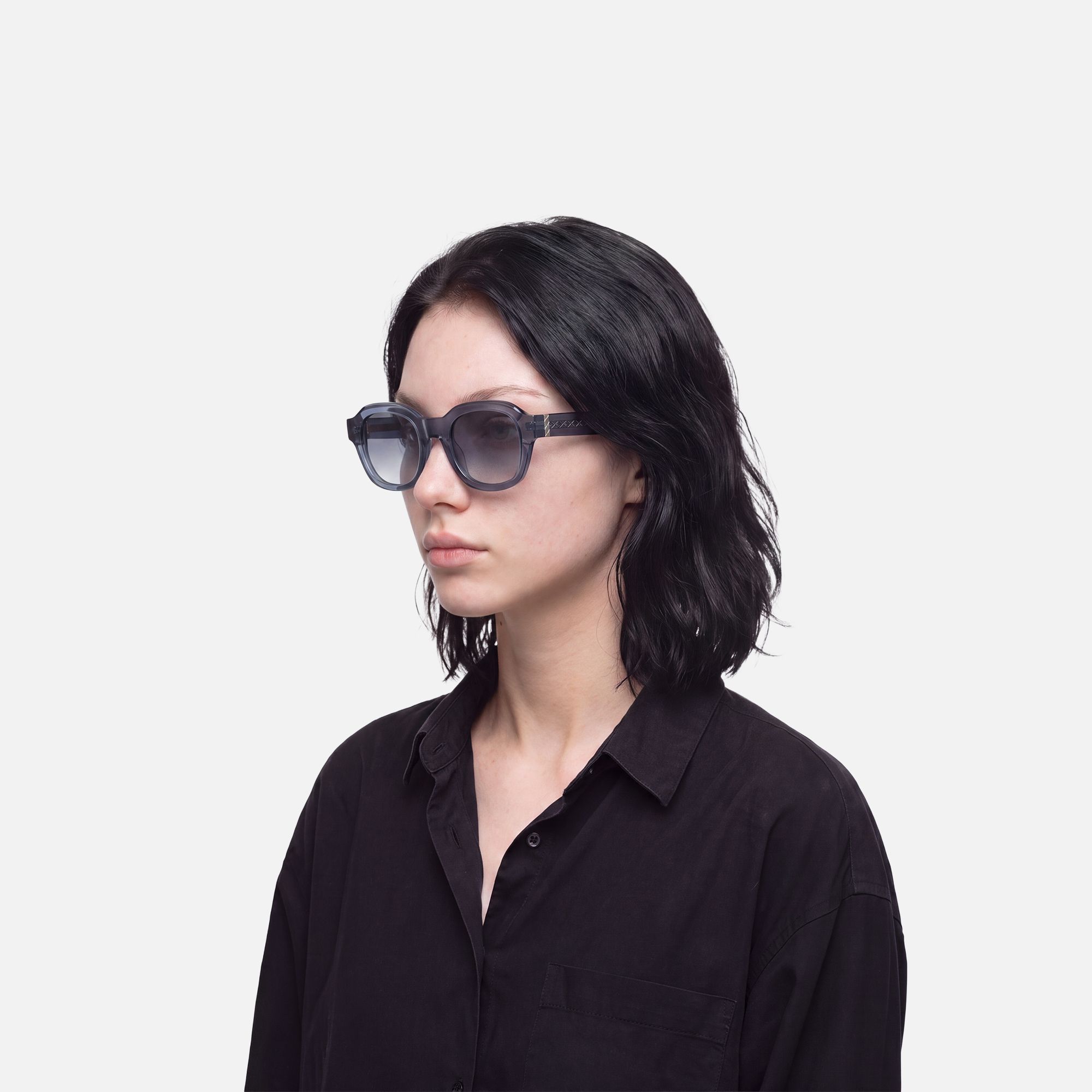 Eerie - Clear Blue Gray Tinted Oversized Shades by Vooglam - Side View On Model