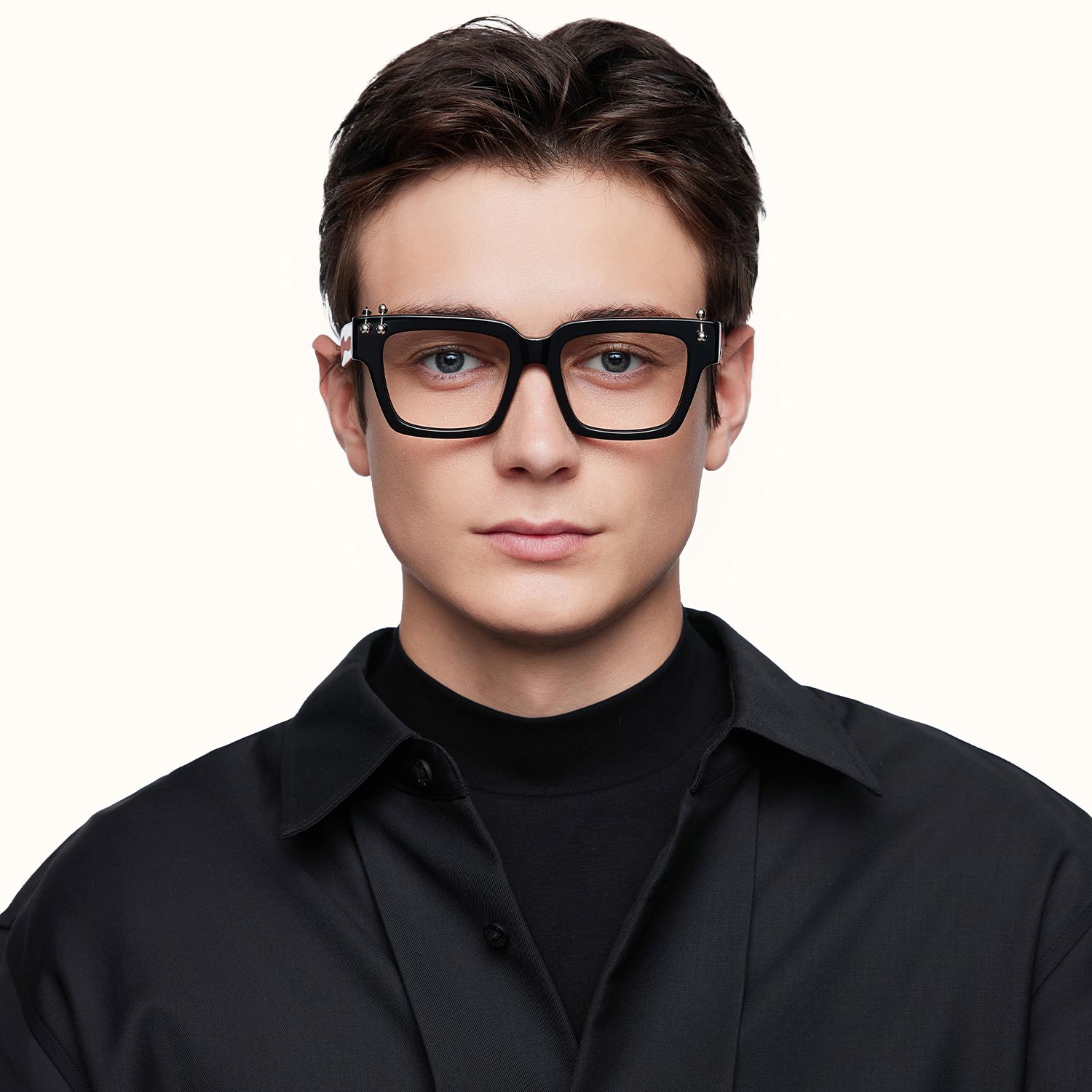 PIERCE - Square Black Eyeglasses with Studs | Vooglam On Model 2