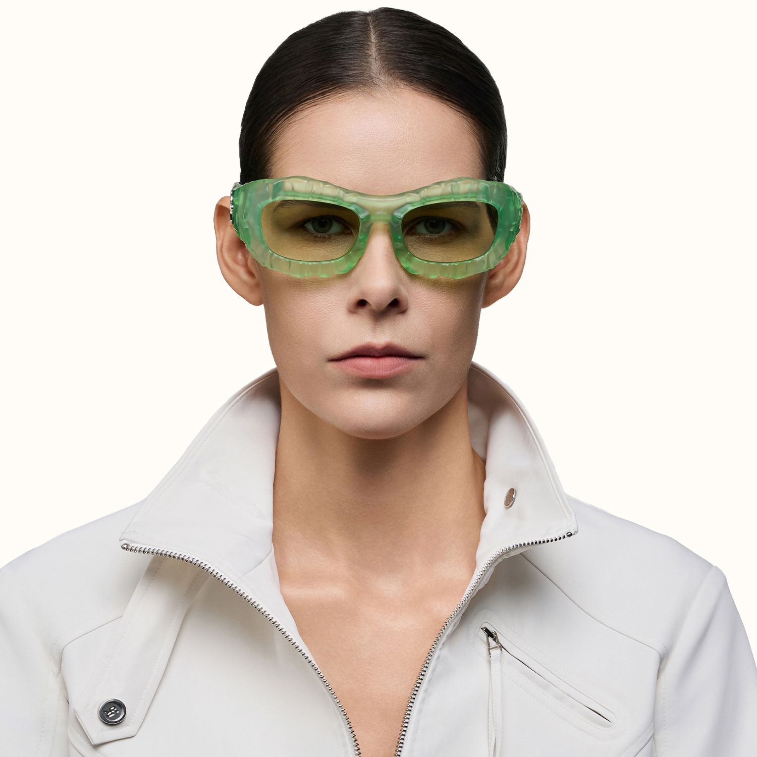 The Geologist - Green Tint Transparent Sunglasses | Vooglam On Model 1