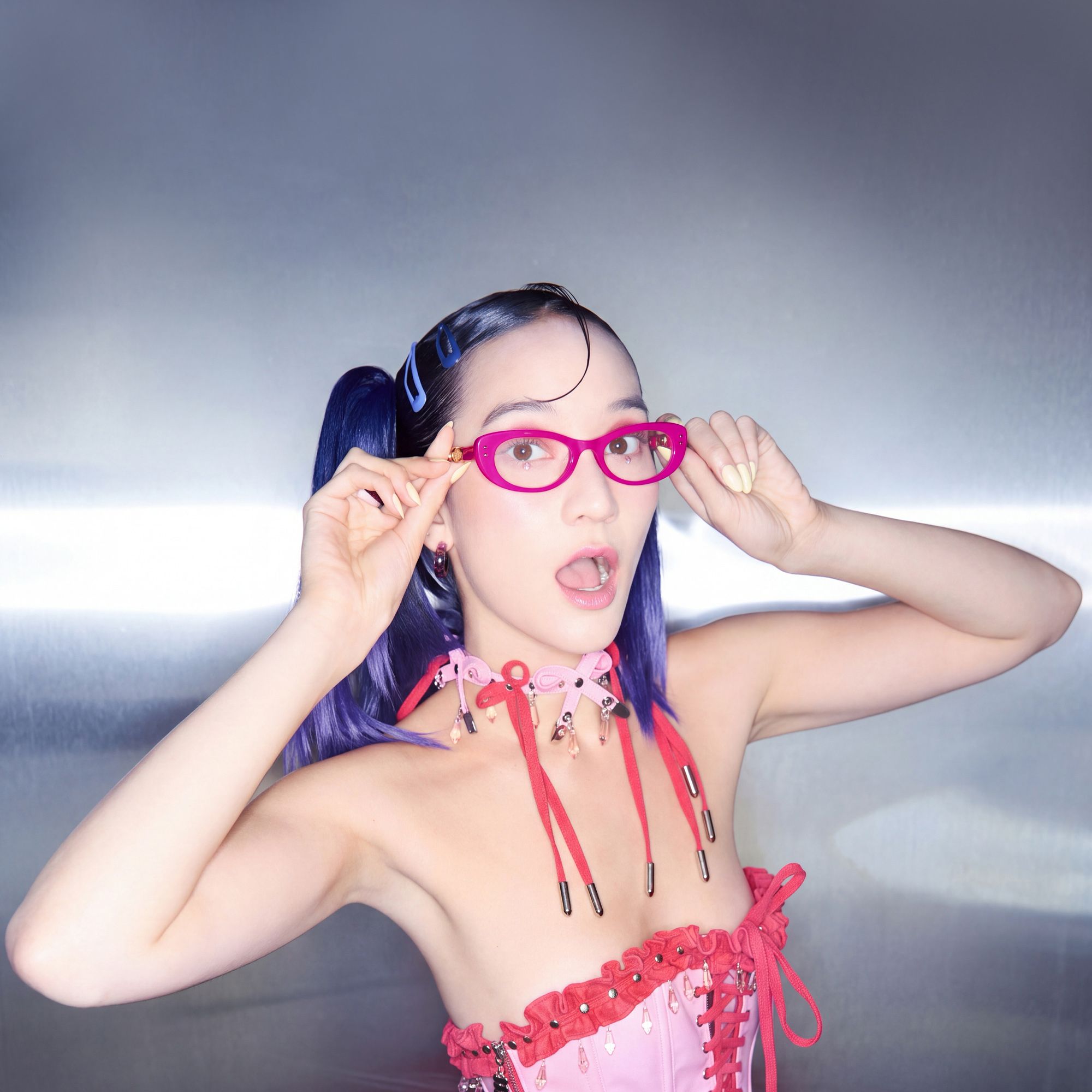 Ginza - Magenta Acetate Y2K Narrow Cat Eye Glasses | Vooglam On Model 1