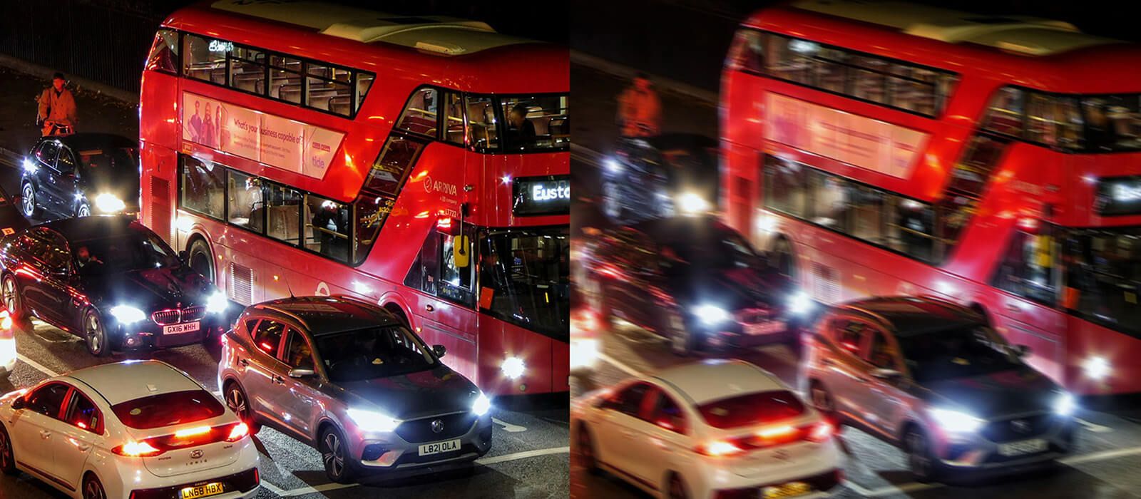 Side-by-side comparison of street scene with clear vision and blurred, doubled vision caused by astigmatism.