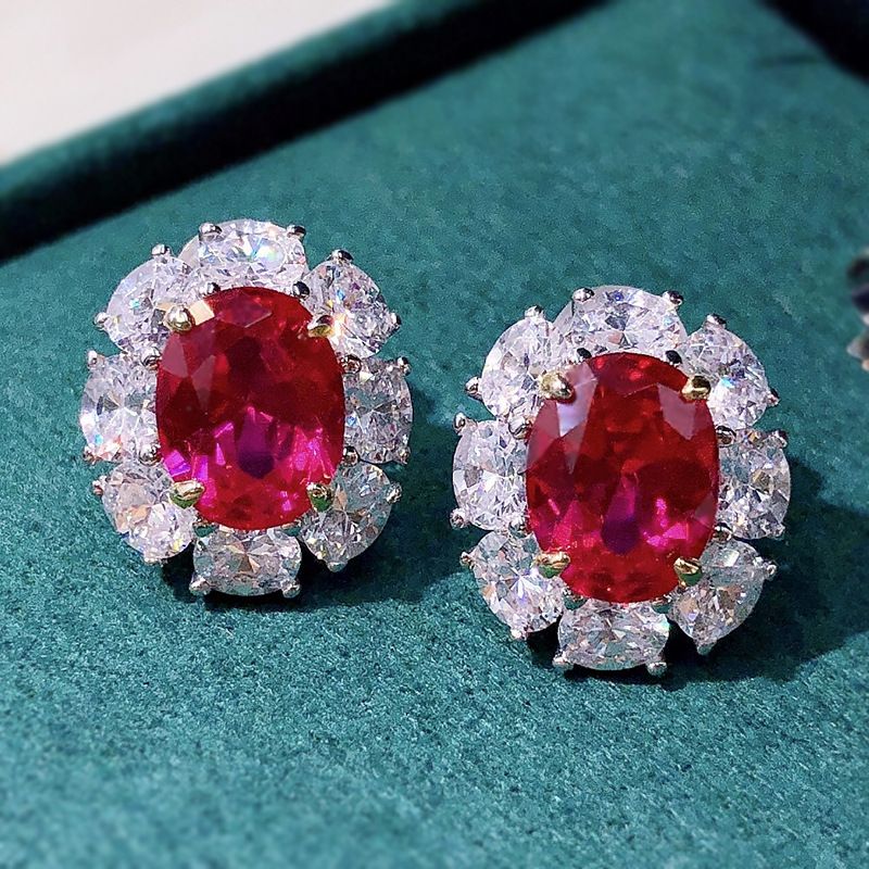 Classic Ruby Red Oval Pierced Earrings by Vooglam - On Model