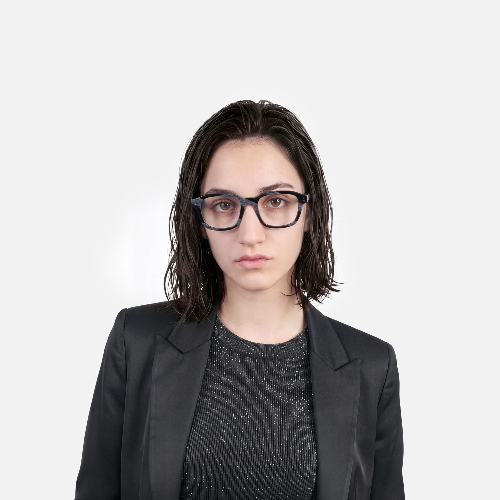 Rainier - Dark Blue Horn Zipper Square Glasses by Vooglam - On Model