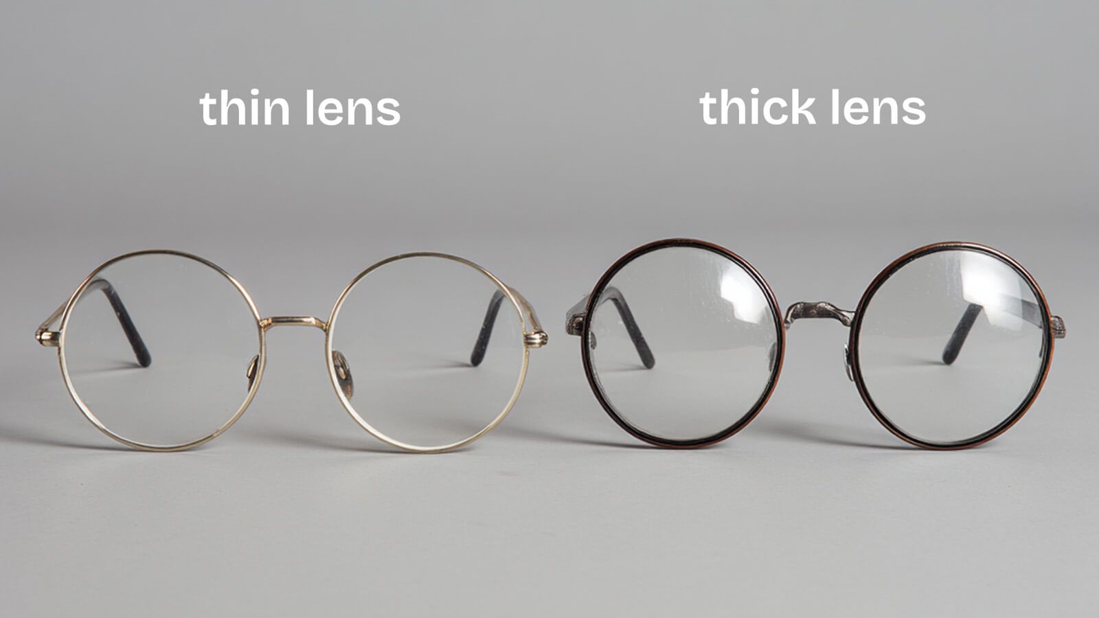 A side-by-side comparison showing two pairs of round glasses. The pair on the left, labeled 
