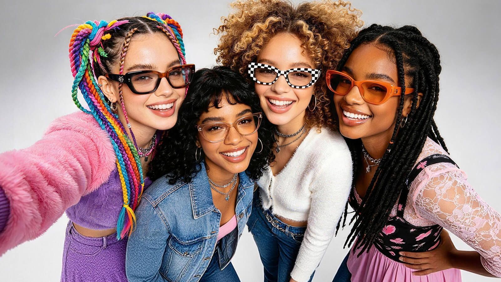 vooglam group of girls wearing colorful rave sunglasses and y2k eyewear for a fun festival look