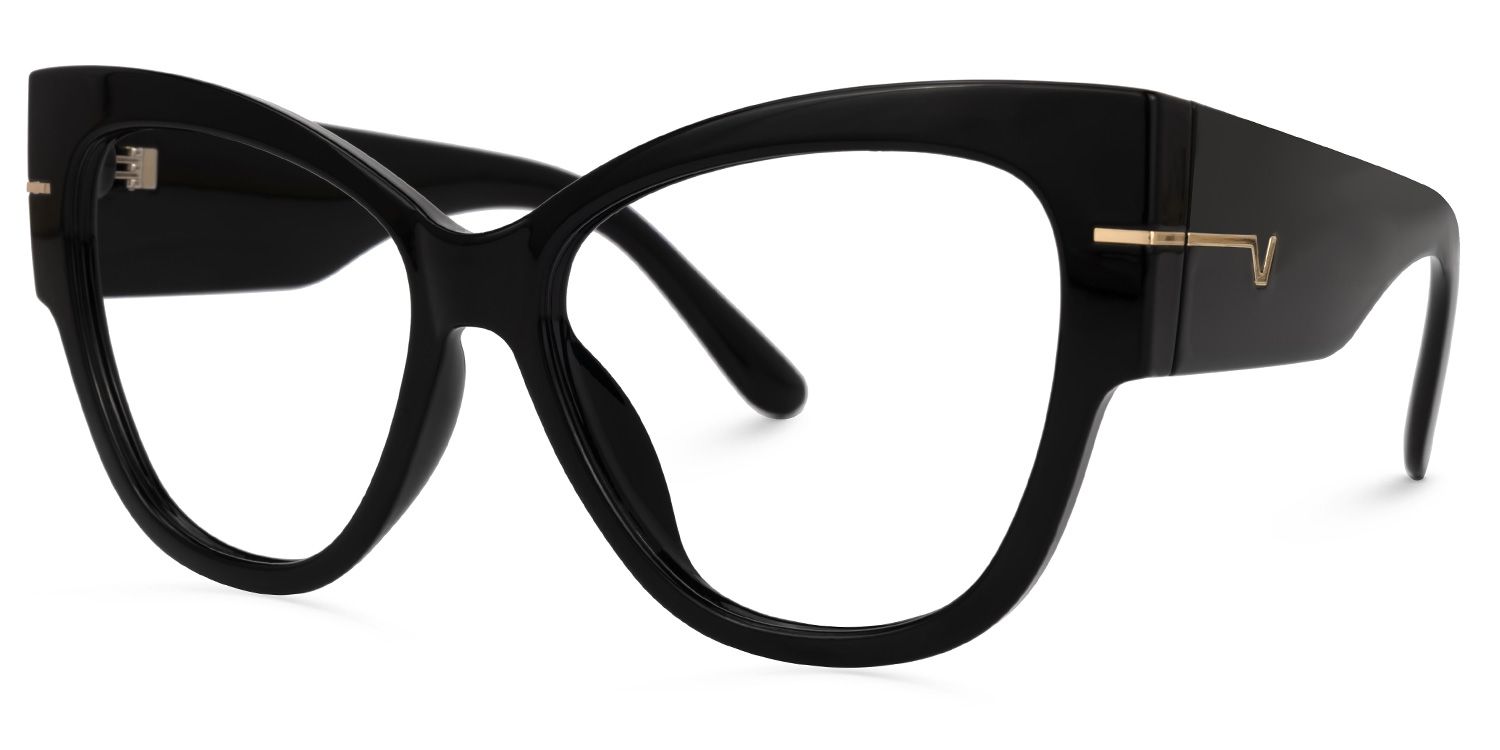 Elektra - Elegant Black & Gold Cat Eye Glasses | Vooglam Front View