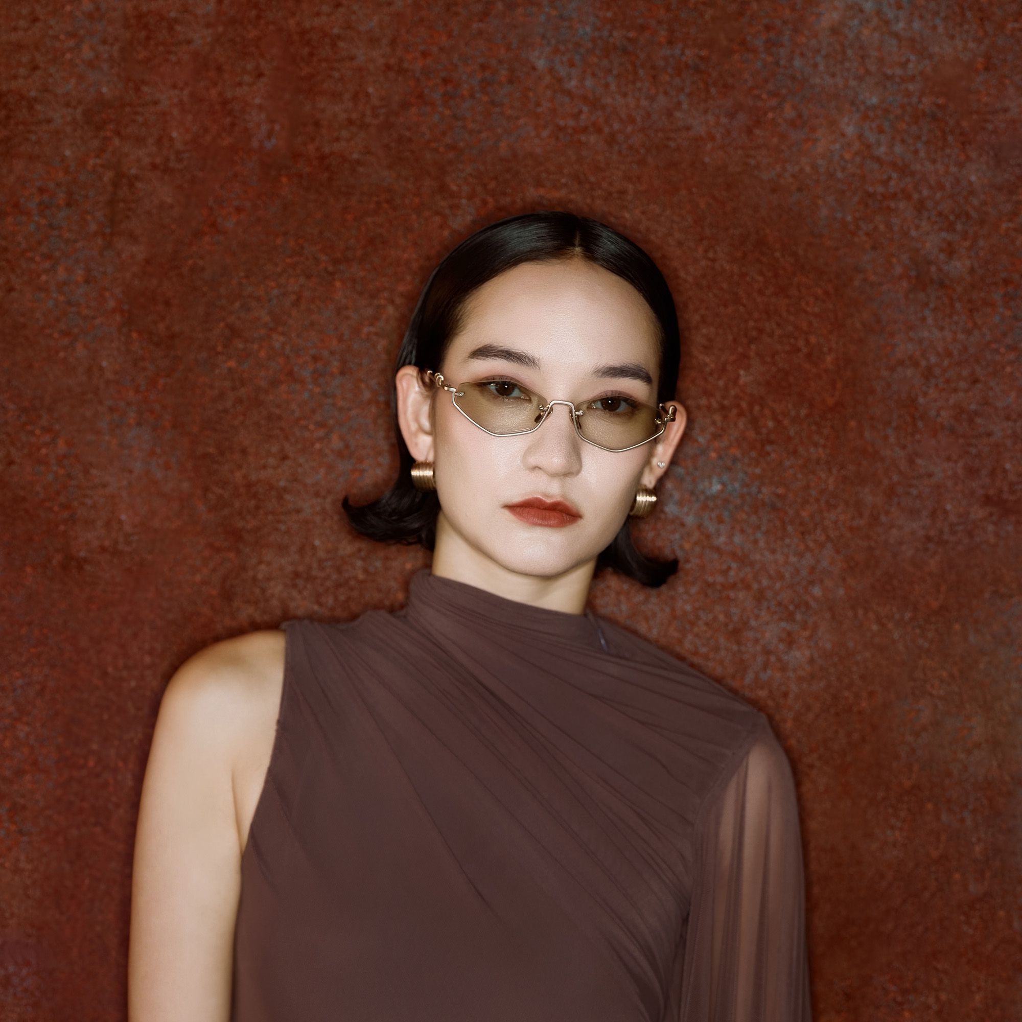 Niseko - Brushed Gold Green Tinted Half Rim Shades | Vooglam On Model 1