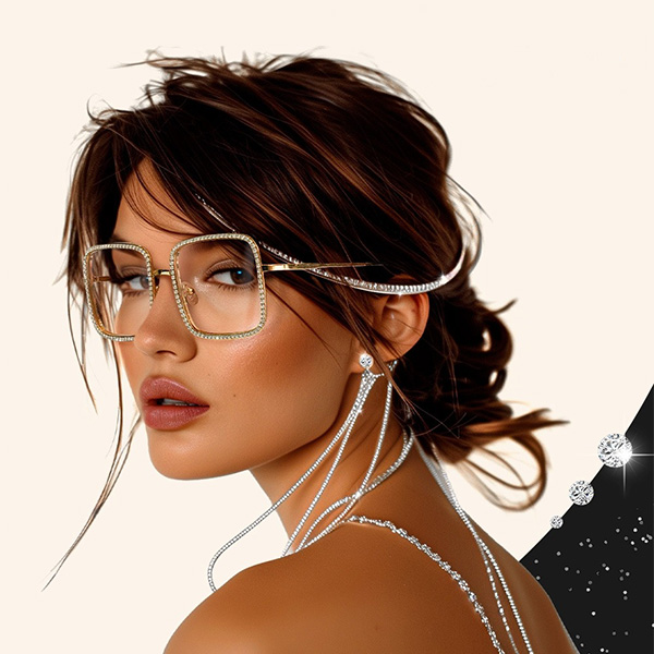 A close-up of a woman wearing oversized square rhinestone glasses paired with long dangling rhinestone earrings, illustrating how to style bold accessories together.