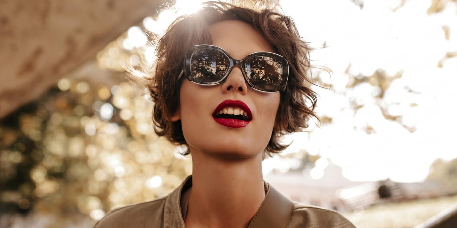 a short hair woman wearing oval sunglasses