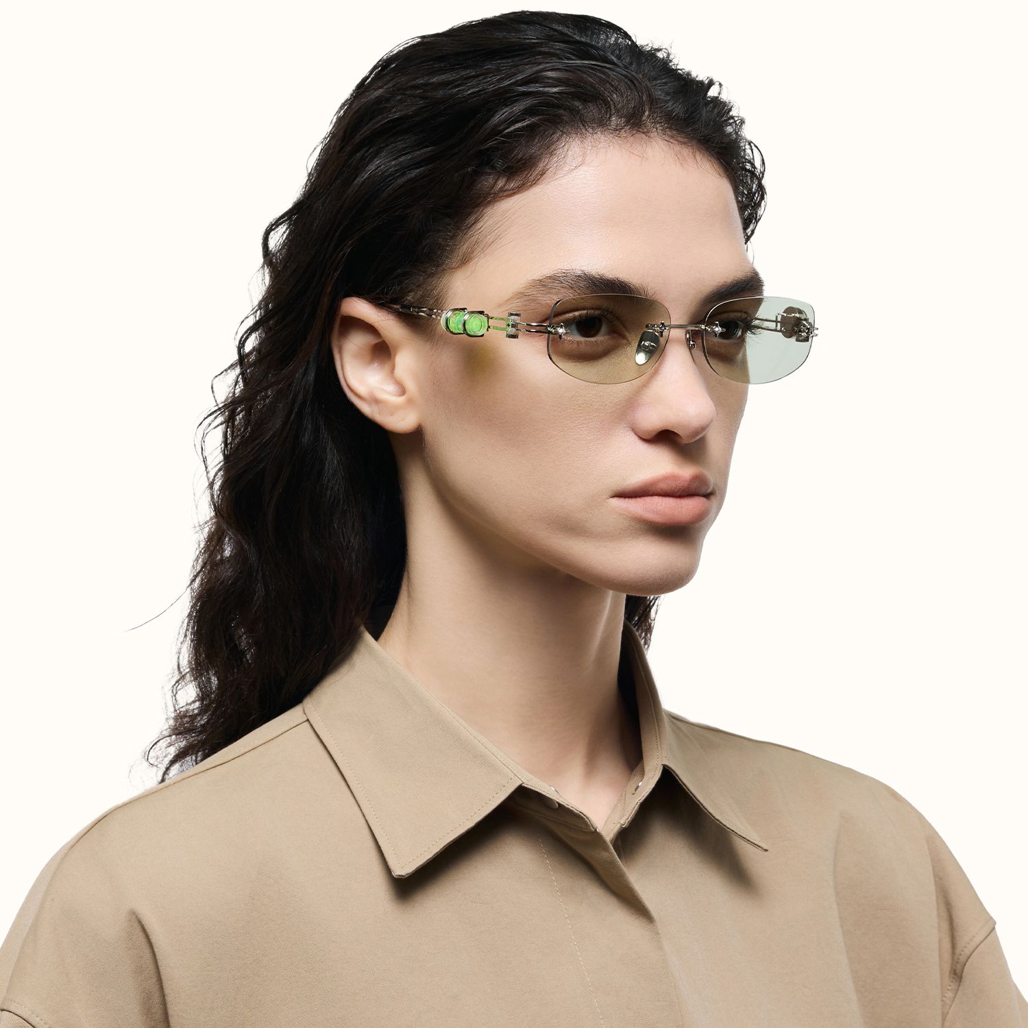 The Utilitarian - Asymmetric Green Tint Sunglasses | Vooglam On Model 3